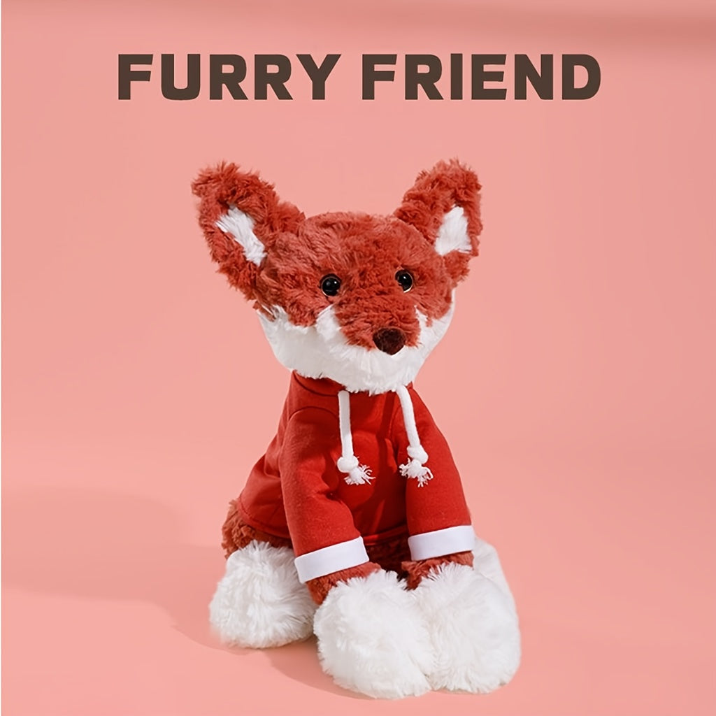 Realistic Fox Plush Toy in Red Hoodie Soft Stuffed Animal