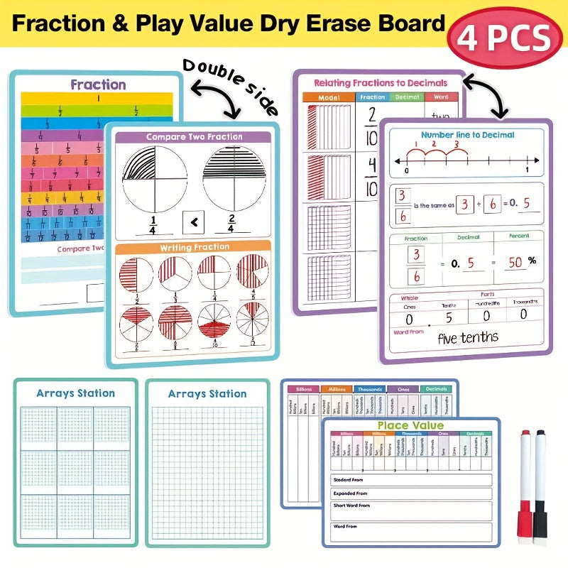 4pcs A4 Double Sided Fraction & Decimal Dry Erase Boards