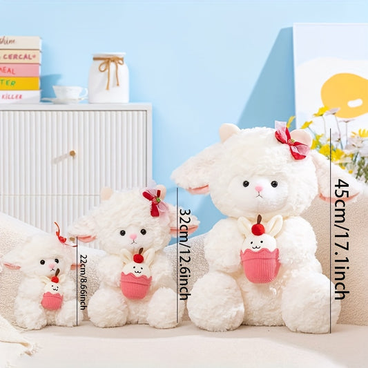 Soft Lamb Plush Toy with Red Bow & Cupcake Stuffed Animal