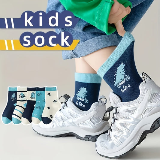 5 Pairs Dinosaur Pattern Socks for Kids - Breathable Casual Outdoor Sports Wear