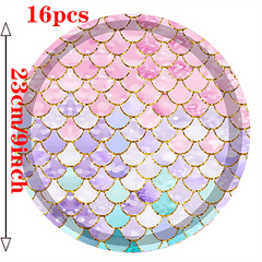 Mermaid Party Tableware Set - Plates Cups Napkins Banner Tablecloth