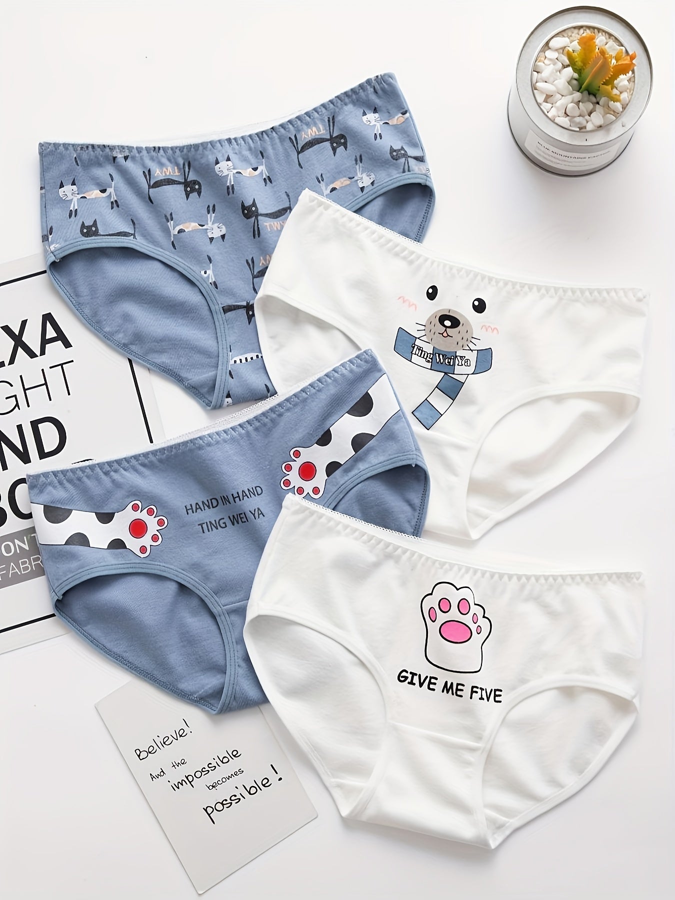 4pcs Cartoon Print Briefs Comfortable Breathable Mid Waist Panties