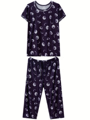 Floral Print Pajama Set Short Sleeve Crew Neck Top & Crop Pants