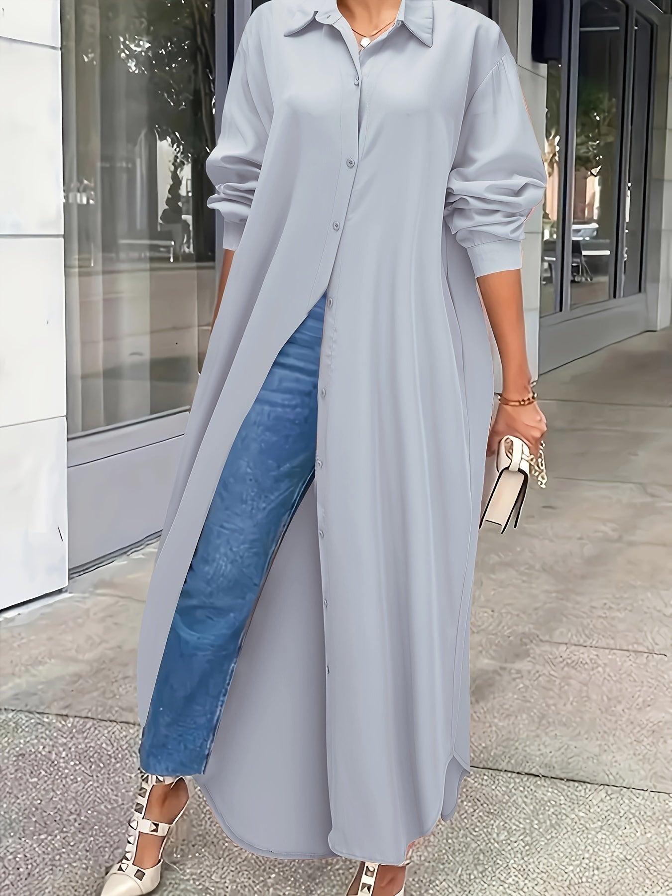  Solid Button Up Long Sleeve Shirt Dress
