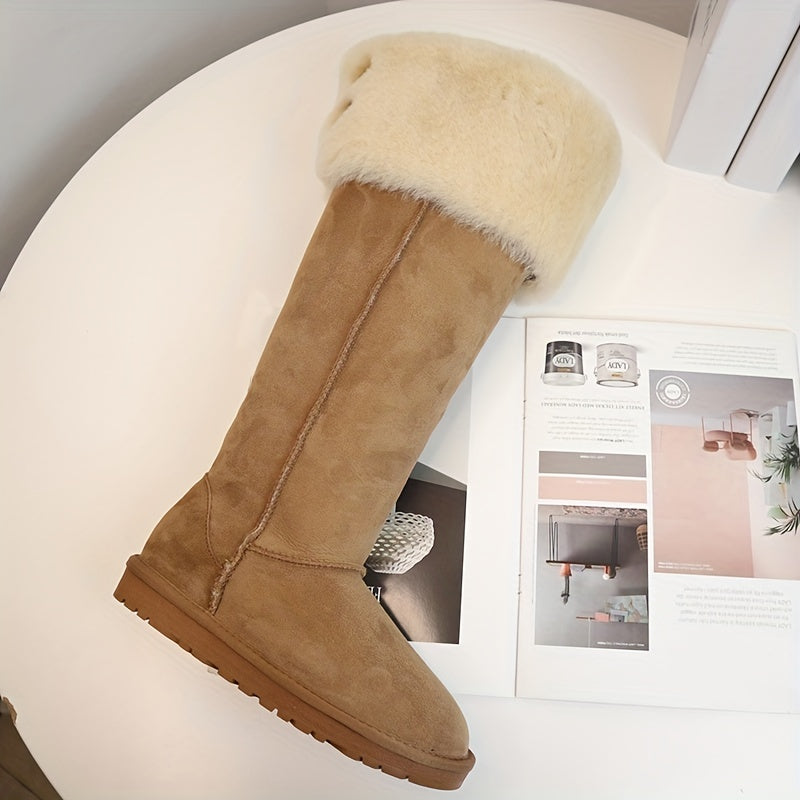Women's Plush Snow Boots Slip On Leather Button Winter Boots