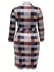  Plaid Print Long Sleeve Bodycon Midi Dress