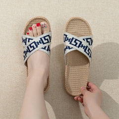 Geometric Pattern Linen Slides Crisscross Strap Open Toe Flat Shoes