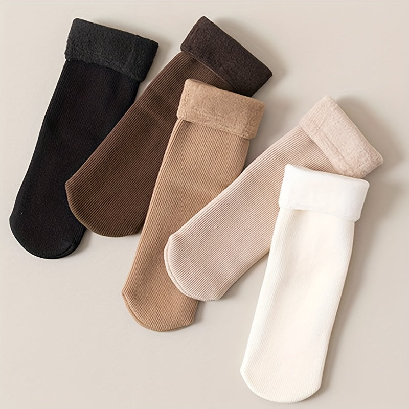 5 Pairs Plush Lined Socks Comfy Warm Ribbed Crew Socks Women's Stockings