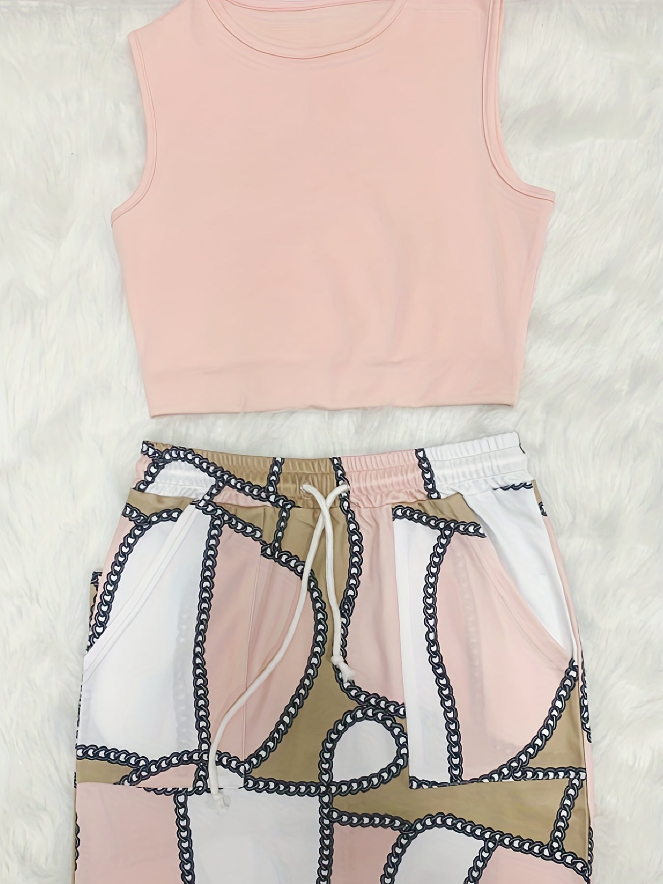 Two Piece Skirt Set Crop Tank Top & Chain Print Skirt Outfits