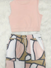Two Piece Skirt Set Crop Tank Top & Chain Print Skirt Outfits