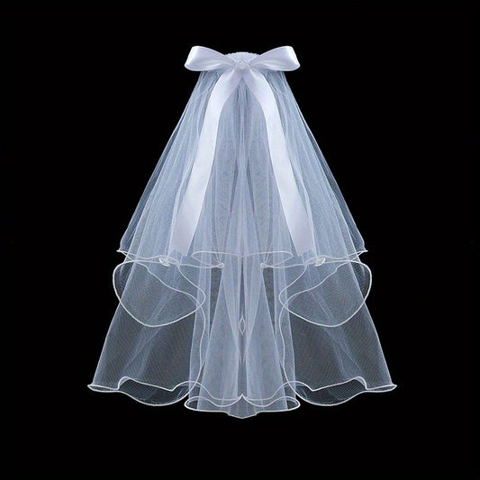 2 Tiers Faux Pearl Ribbon Bow Veil With Comb Wedding Headdress