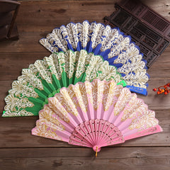 Chinese Floral Pattern Handheld Folding Fan Golden Fan Plastic Bone Portable
