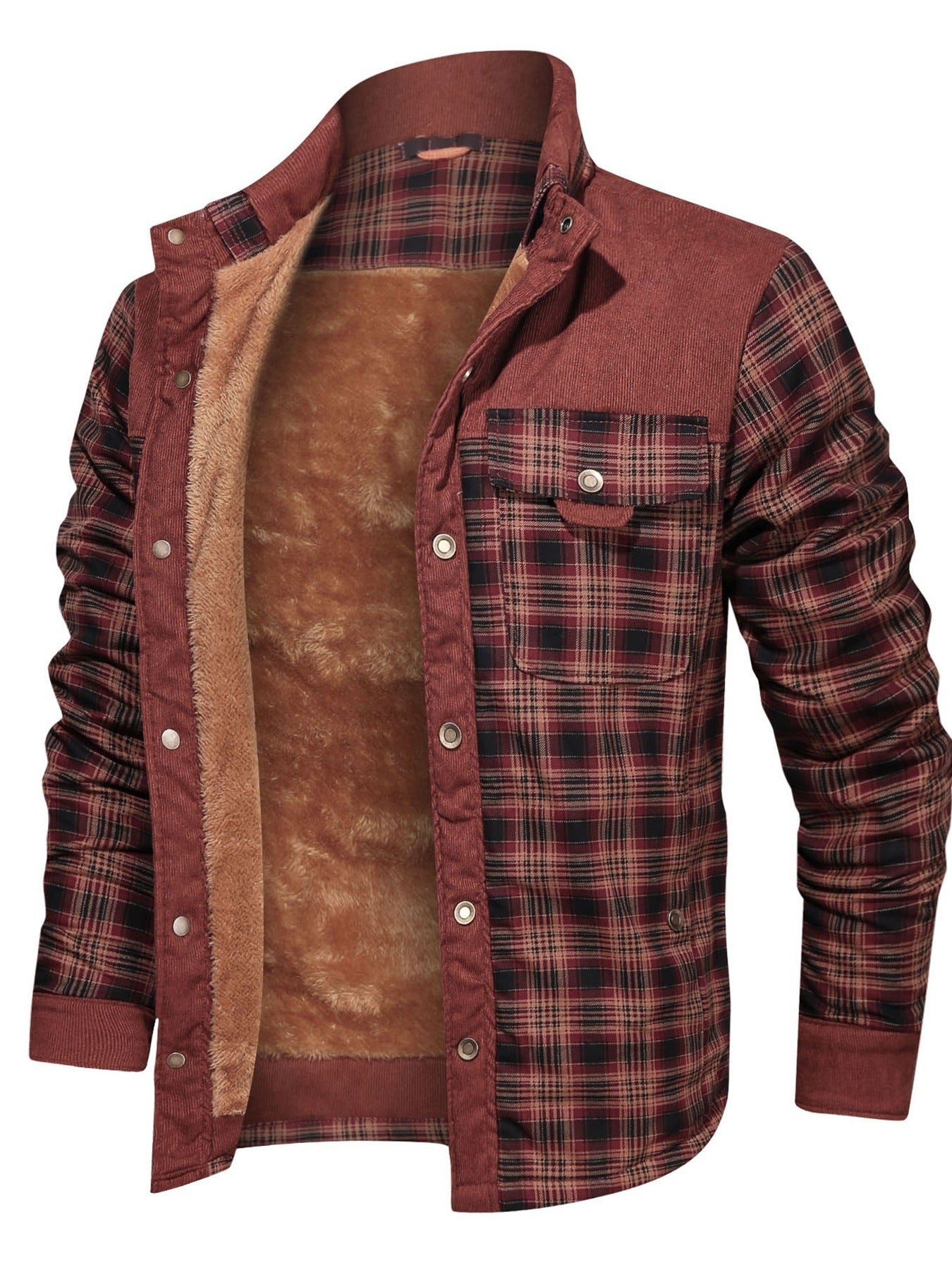 Men's Winter Fleece Padded Lapel Plaid Cotton Jacket