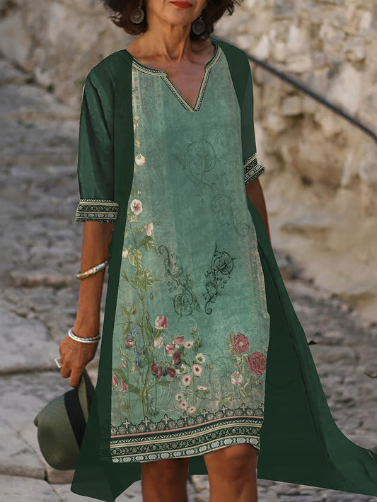 Border Floral Print Notched Neck Tank Dress & Open Front Coat Set
