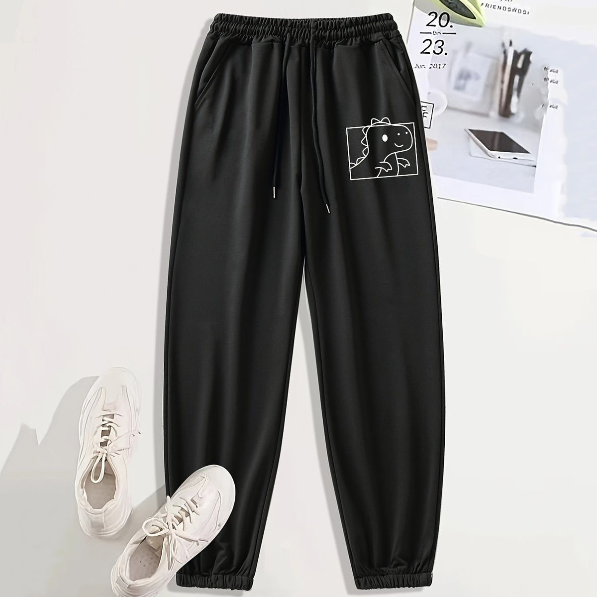 Dinosaur Print Jogging Pants with Side Pockets