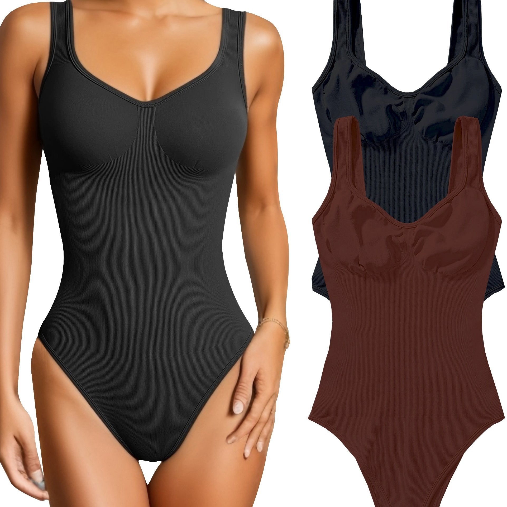 2pcs Ribbed Sleeveless Yoga Bodysuit Solid Tank Top Jumpsuit