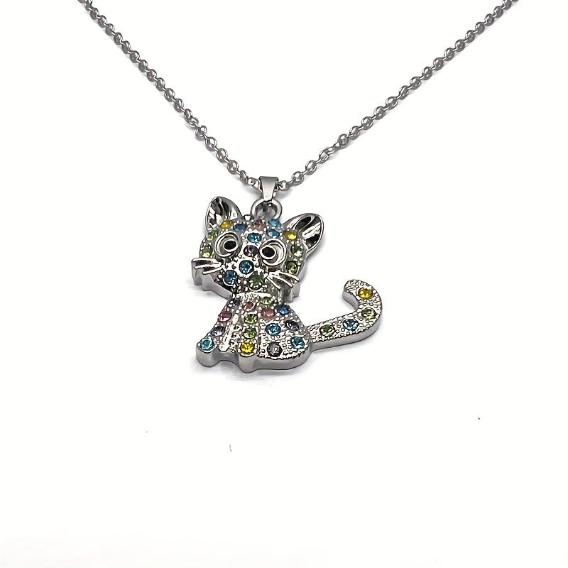 Glittery Kitten Rhinestone Necklace for Kids