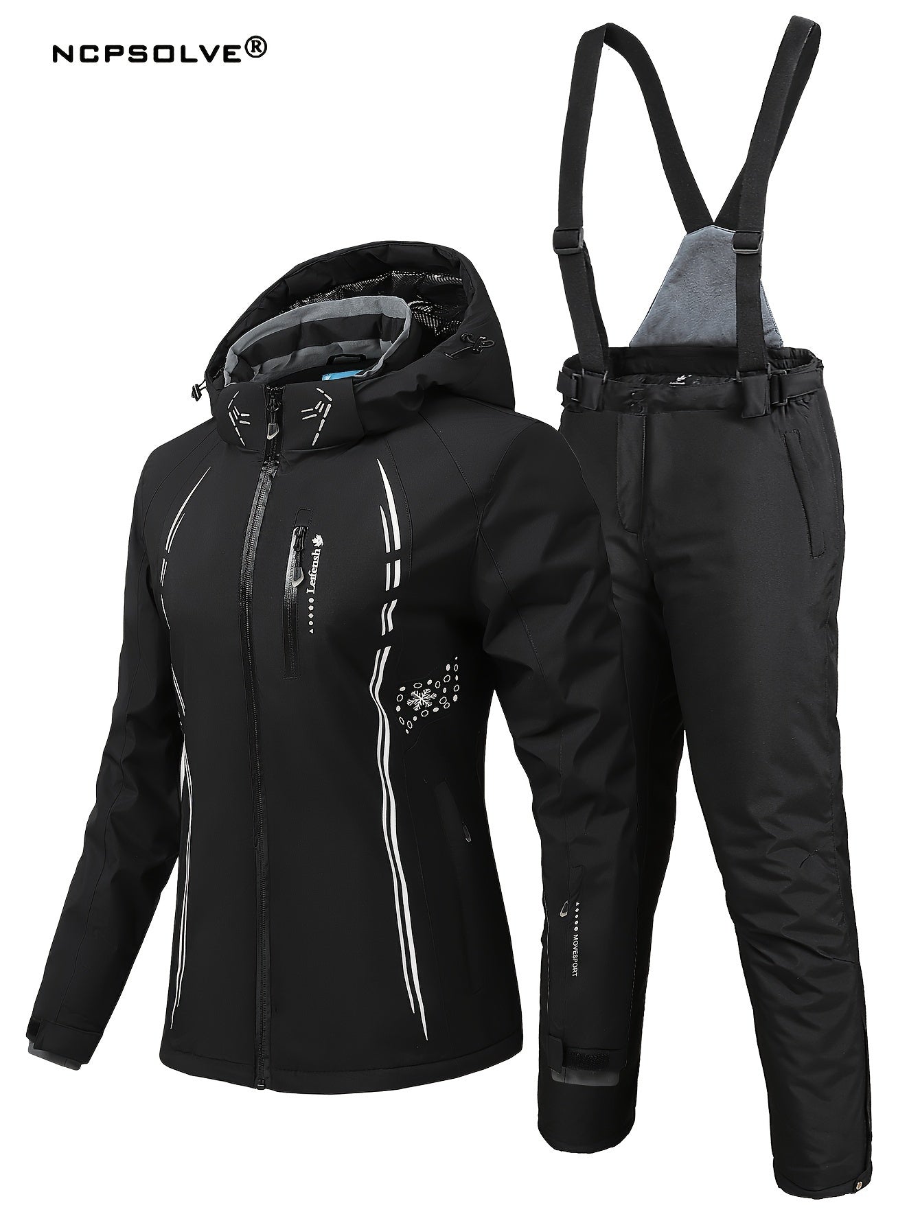 Windproof Snowflake Print Ski Set Hooded Jacket & Suspender Trouser Ski Suit