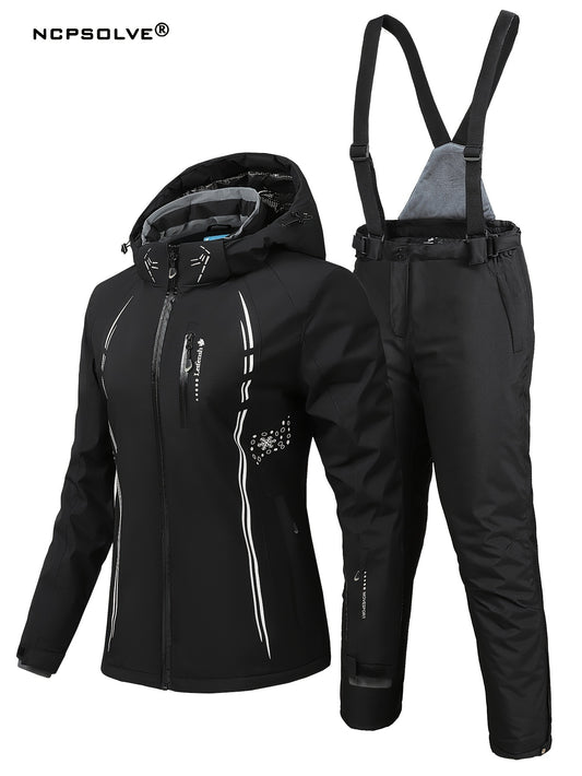 Windproof Snowflake Print Ski Set Hooded Jacket & Suspender Trouser Ski Suit