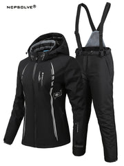 Windproof Snowflake Print Ski Set Hooded Jacket & Suspender Trouser Ski Suit