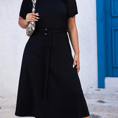 Solid V Neck Short Sleeve Dress With Belt