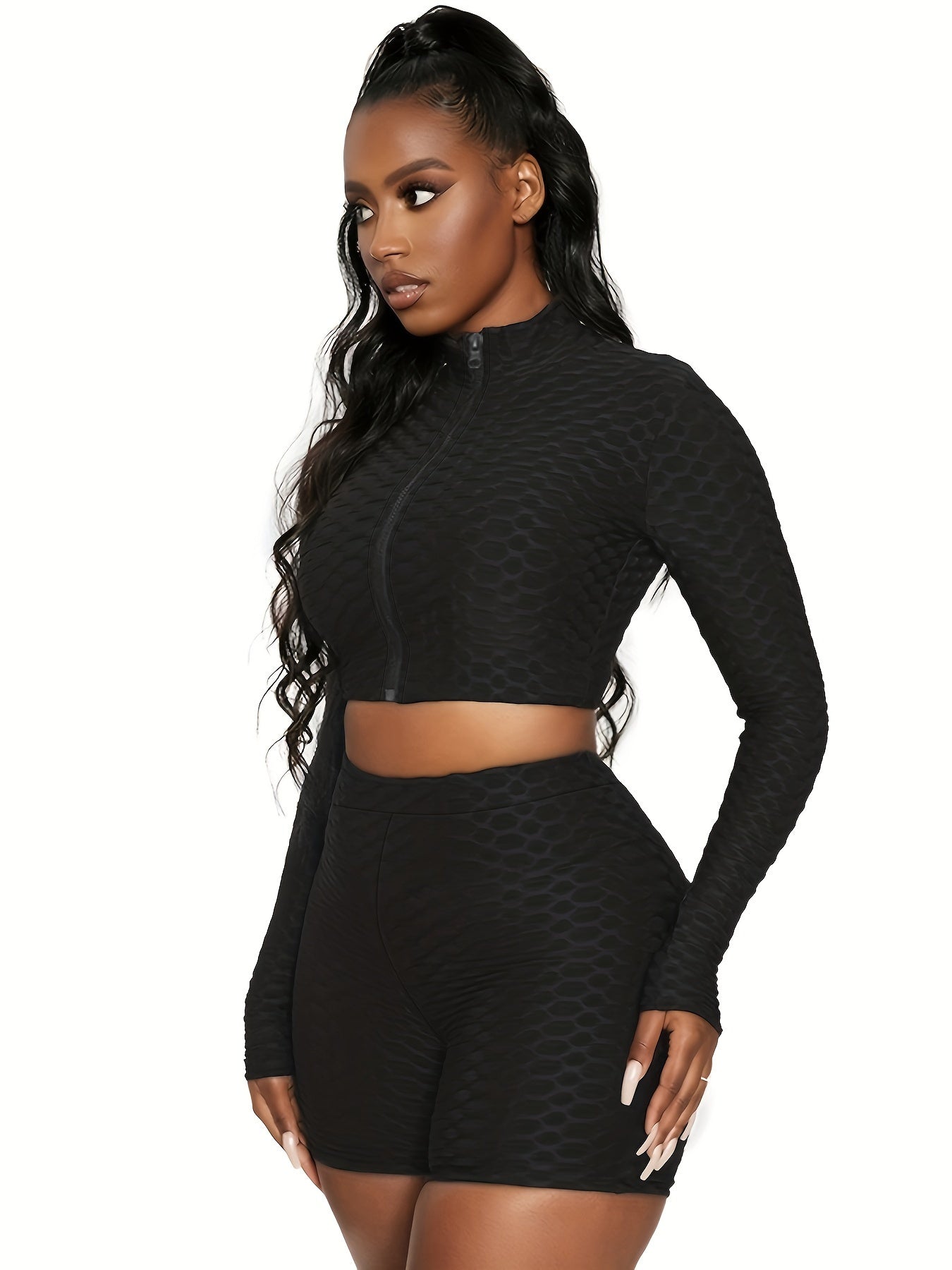  Sports Outfits Set Women's Plus Textured Crop Top & Biker Shorts Set