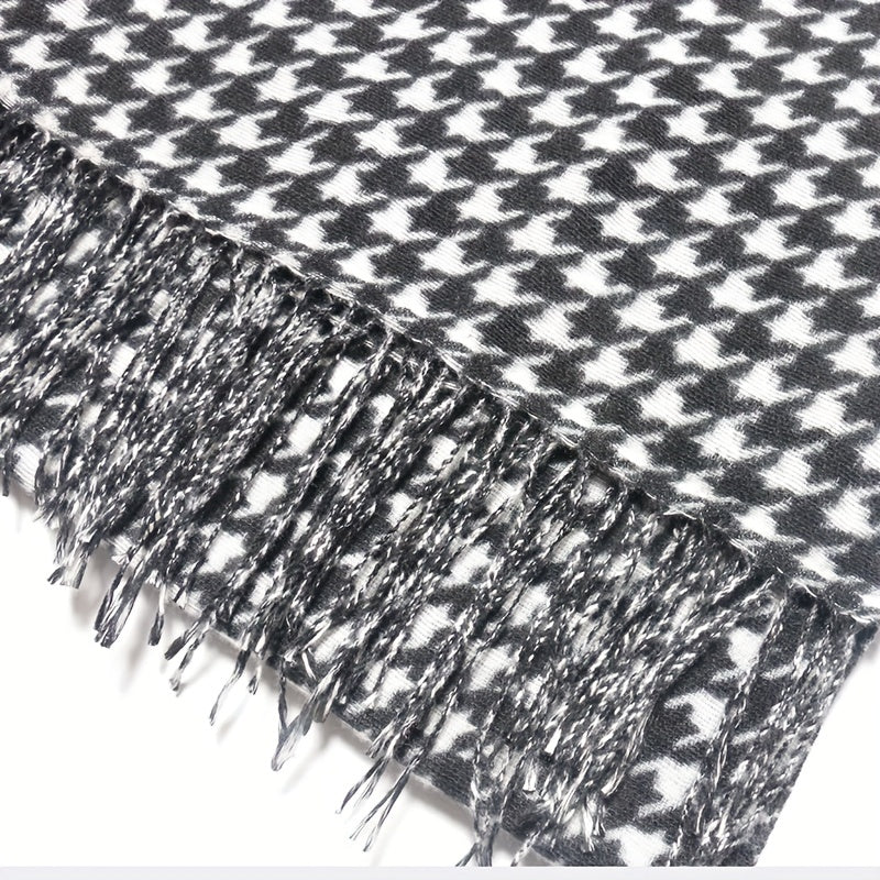 Houndstooth Fringe Trim Scarf Faux Cashmere Shawl Wrap