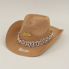 Rhinestone Bride Cowboy Hat Faux Pearl Lace Hatband Decor Straw Jazz Hat
