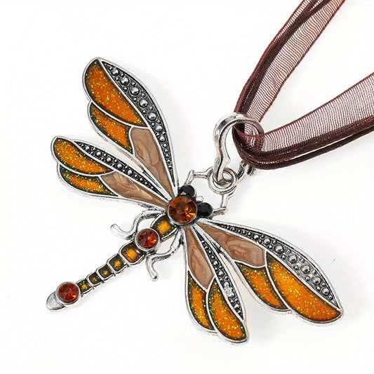 Crystal Dragonfly Ribbon Pendant Necklace For Women