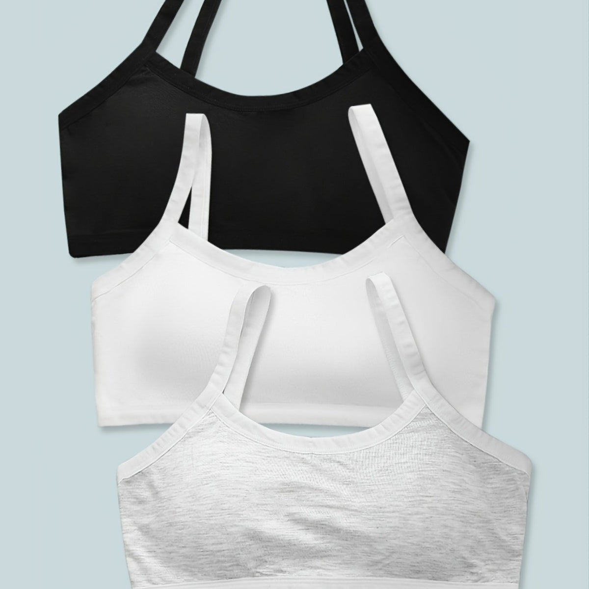 3pcs Girls Solid Bra Comfort Soft Lightweight Off the Shoulder Preppy Underwear