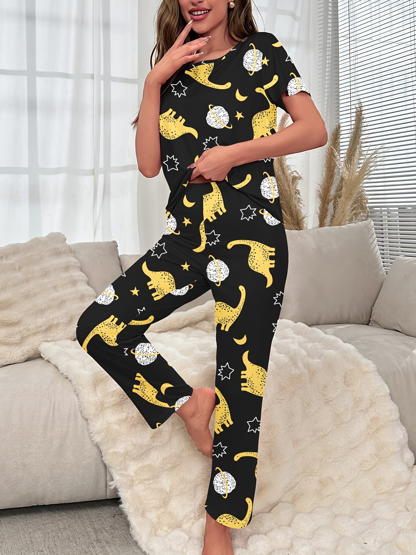 Dinosaur Print Pajama Set Short Sleeve Crew Neck Top & Elastic Waistband Pants