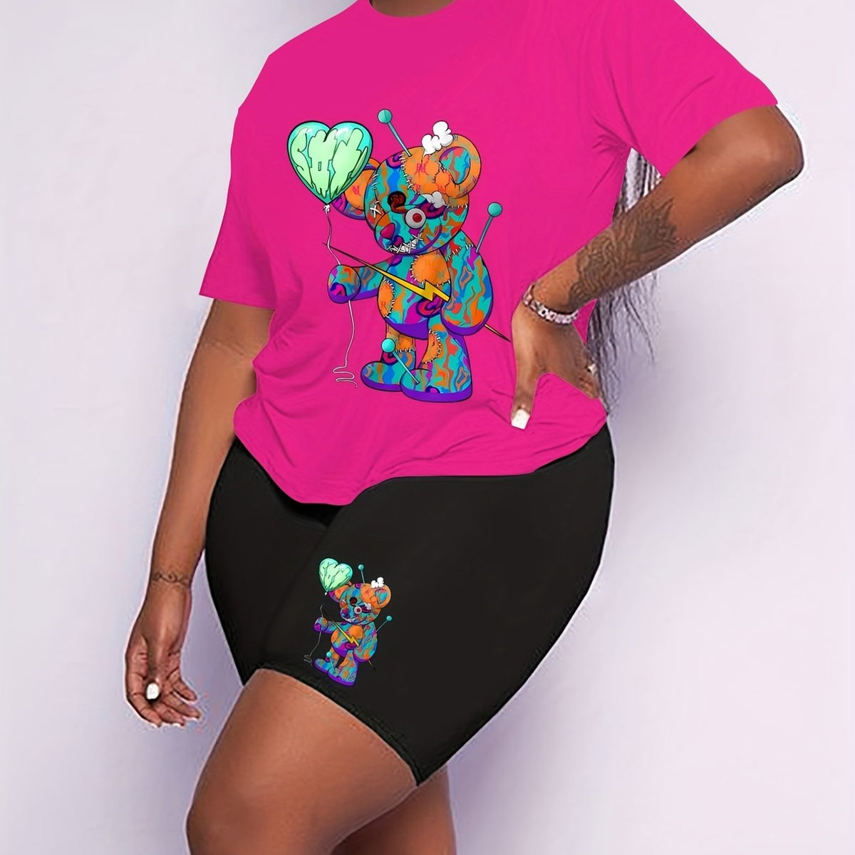 Women's Plus Bear Print Top & Shorts 2 Piece Set