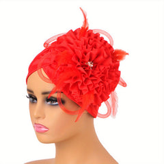 Feather Flower Decor Turban Cap Head Wrap Elastic Beanie Headscarf