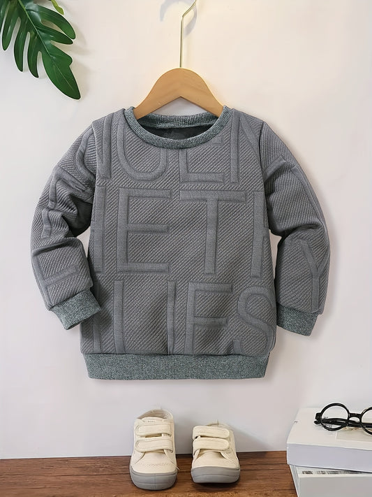Boys Casual Letter Textured Pullover Sweatshirt