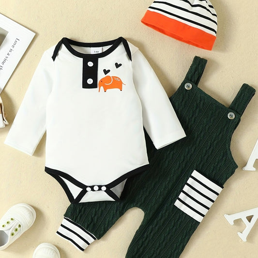 3pcs Elephant Print Rompers & Pants Set For Boys