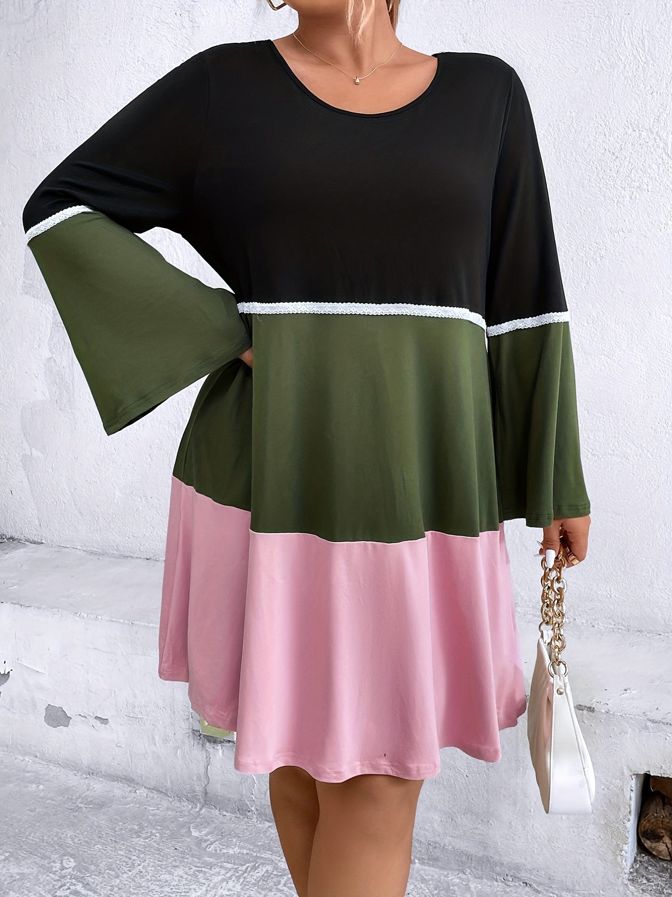 Women's Plus Casual Dress Colorblock Lace Bell Sleeve
