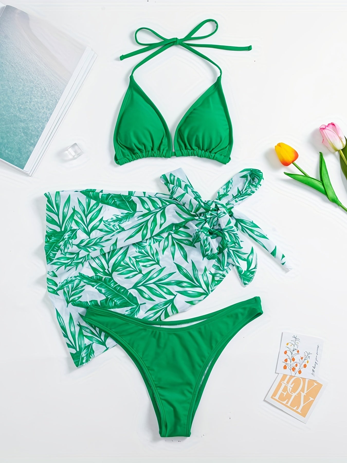 Leaf Print Bikini Set With Cover Up