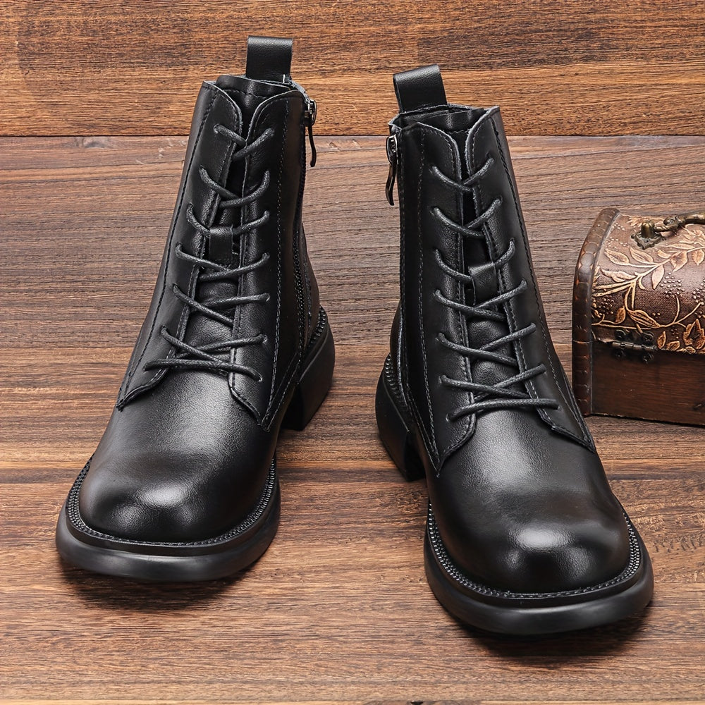 Women's Lace Up Combat Boots Chunky Heel Side Zip Plush Lined