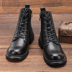 Women's Lace Up Combat Boots Chunky Heel Side Zip Plush Lined