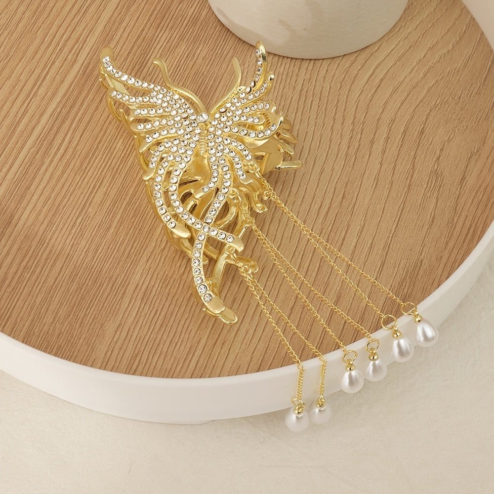 Medium Hair Claw Clip Rhinestone Faux Pearl Decor Barrette for Thin Thick Hair