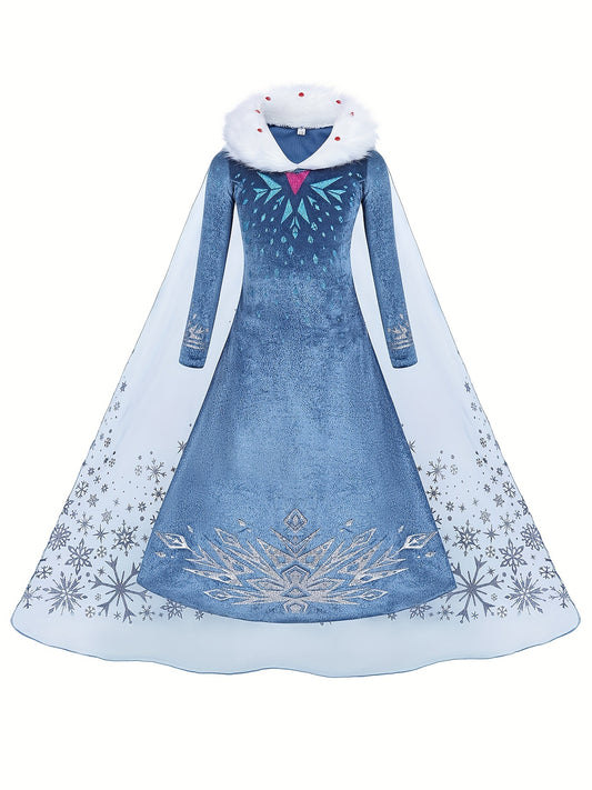 Girl's Velvet Princess Dress Snowflake Print Long Sleeve Dress