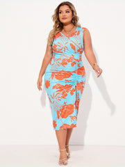  Floral Print Ruched Midi Tank Dress