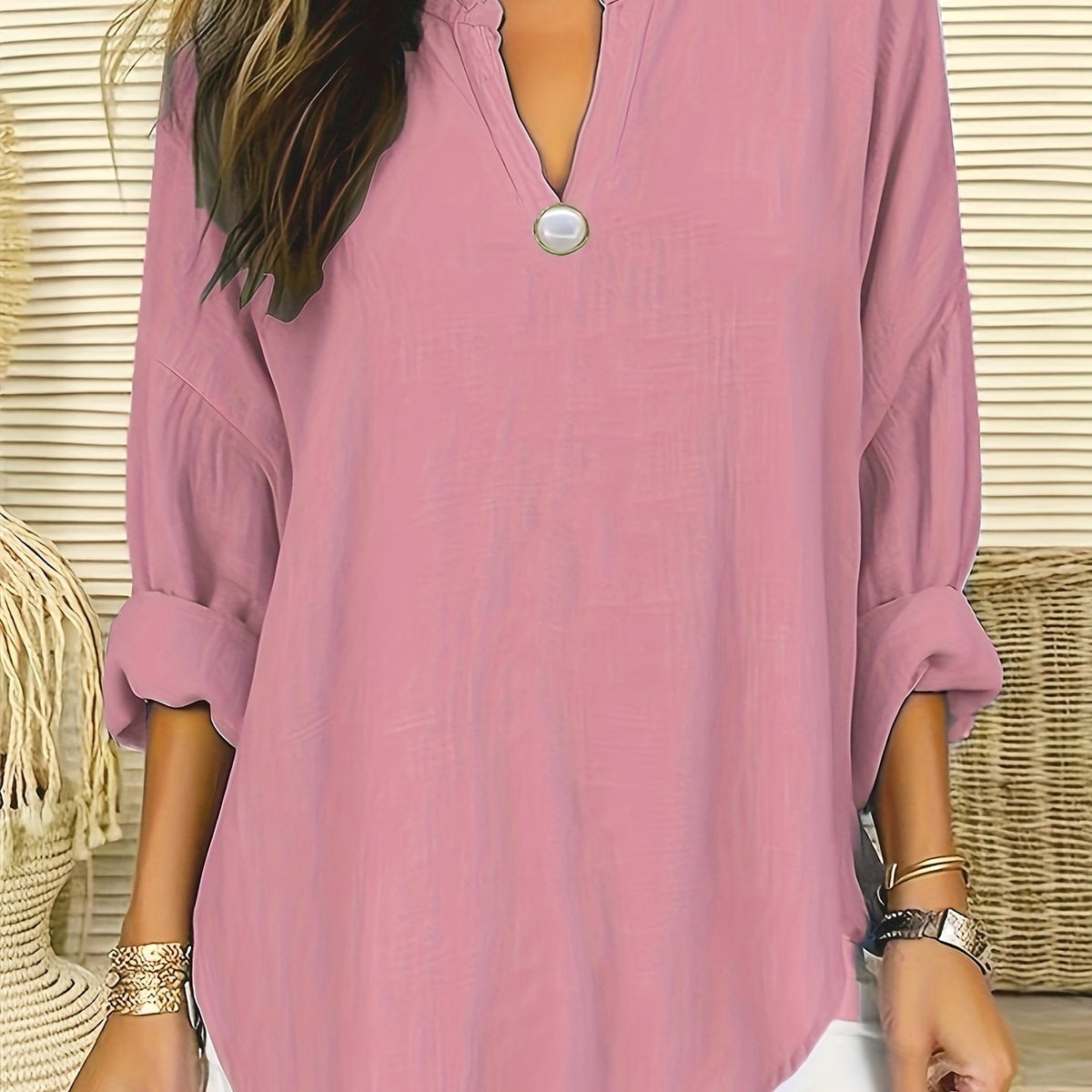  V Neck Tunic Shirt Top Solid Long Sleeve