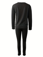 Queen Print 2pc Set Crew Neck Long Sleeve Tops & Striped Jogger Pants Outfits