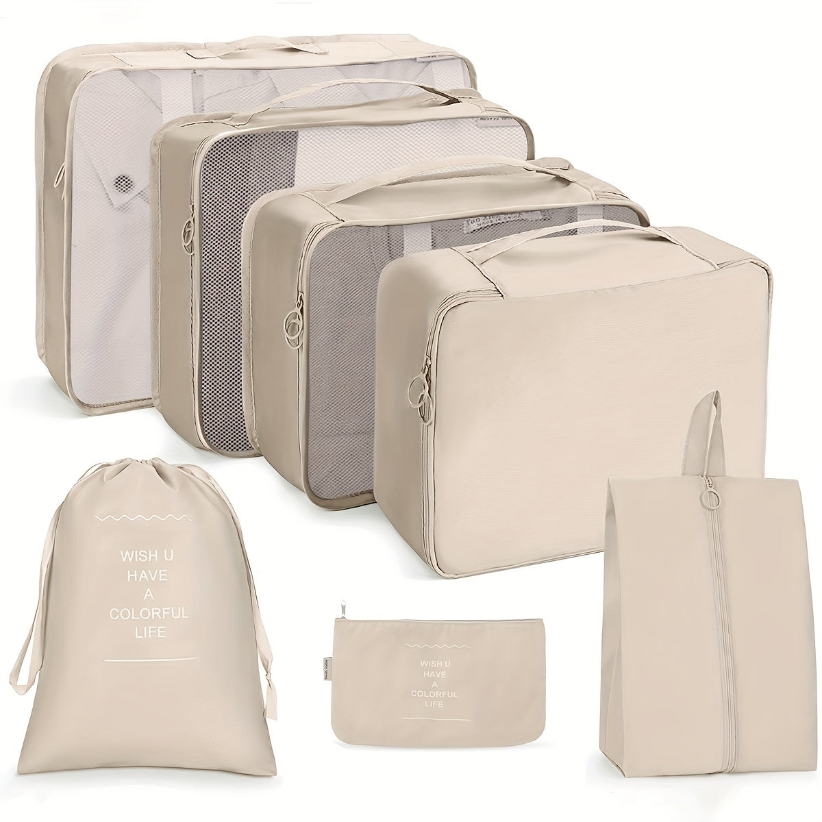 7pcs Solid Zipper Packing Cubes Lightweight Multifunctional Luggage Bags