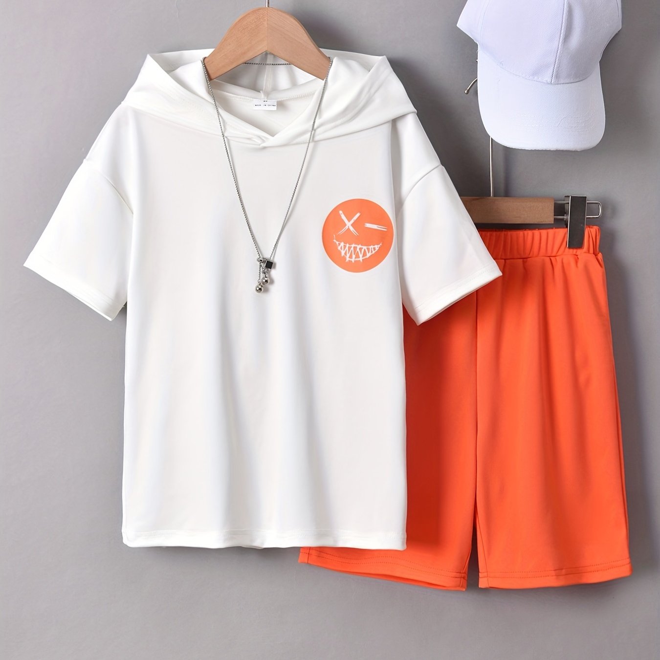 Boys Smile Graphic Hooded T Shirt & Shorts Set for Sports Leisure