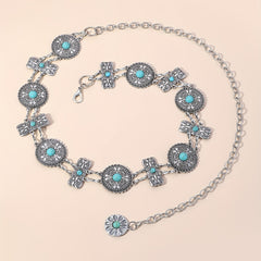 Western Turquoise Waist Chain Boho Engraved Belly Chain Silvery Decorative