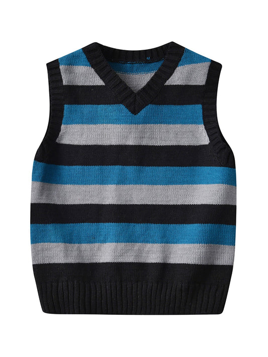 Kids' V-Neck Striped Knit Vest for Autumn Winter