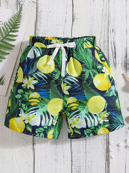 Boys Lemon Flower & Leaf Print Casual Shorts for Vacation Beach
