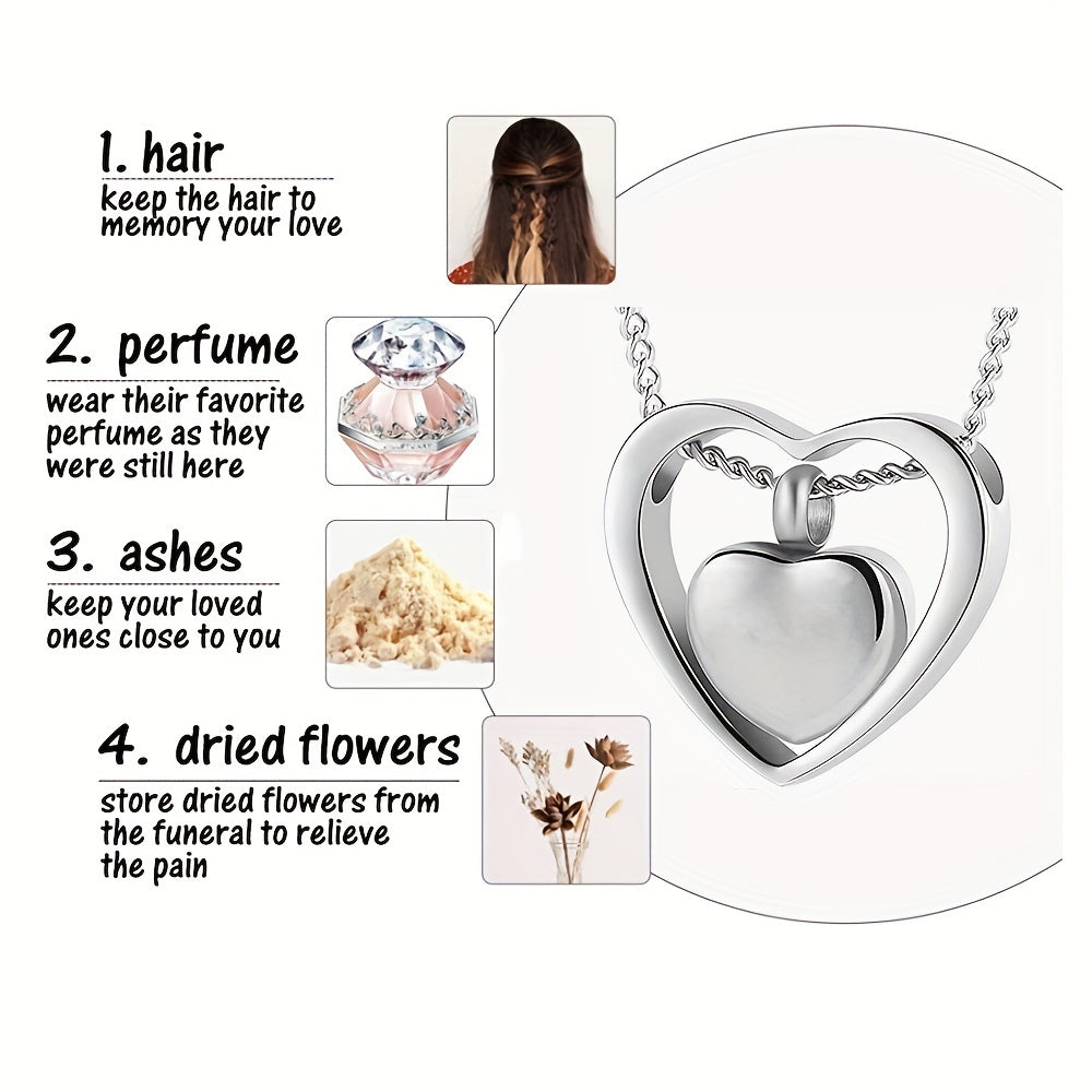 Double Heart Cremation Necklace Stainless Steel Memorial Locket Keepsake